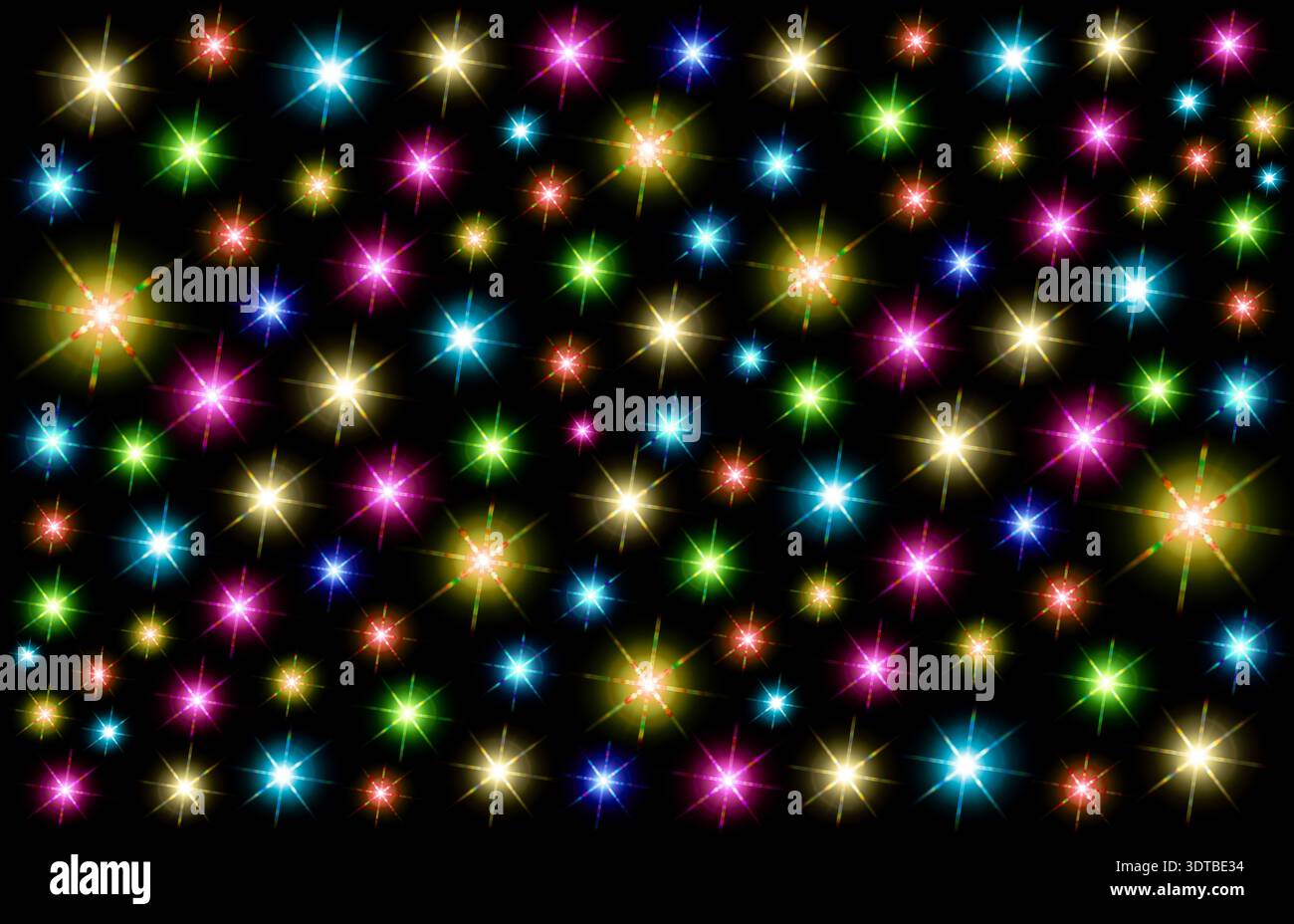 a dense array of bright, multi-colored starbursts on a solid black ...