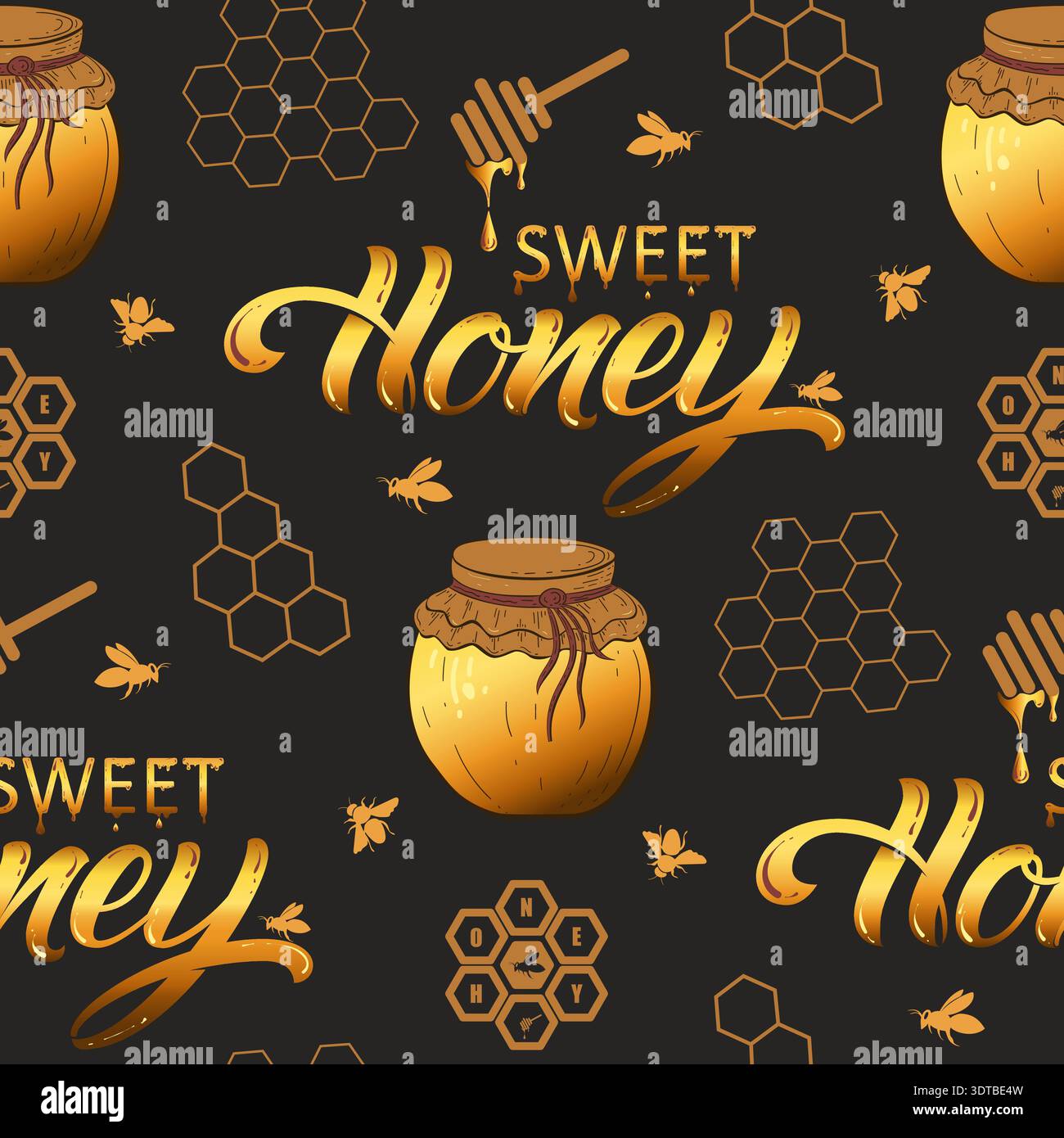 Vector honey seamless pattern with honeycombs, pot, bees and lettering ...