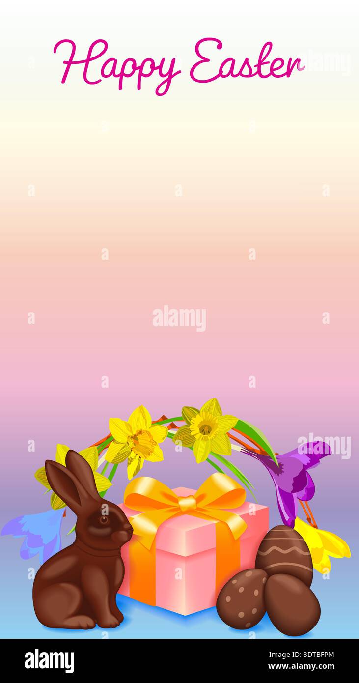 Happy Easter vertical vector illustration with a chocolate rabbit, gift box, patterned eggs and spring crocus flowers and copy space for text. Stock Vector