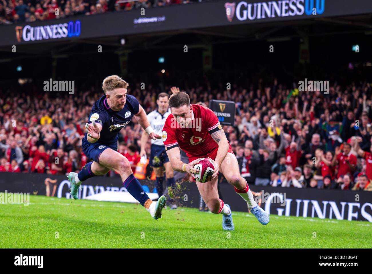 Cardiff, UK, 21st February 2026 Wales winger and try scorer Josh Adams ...
