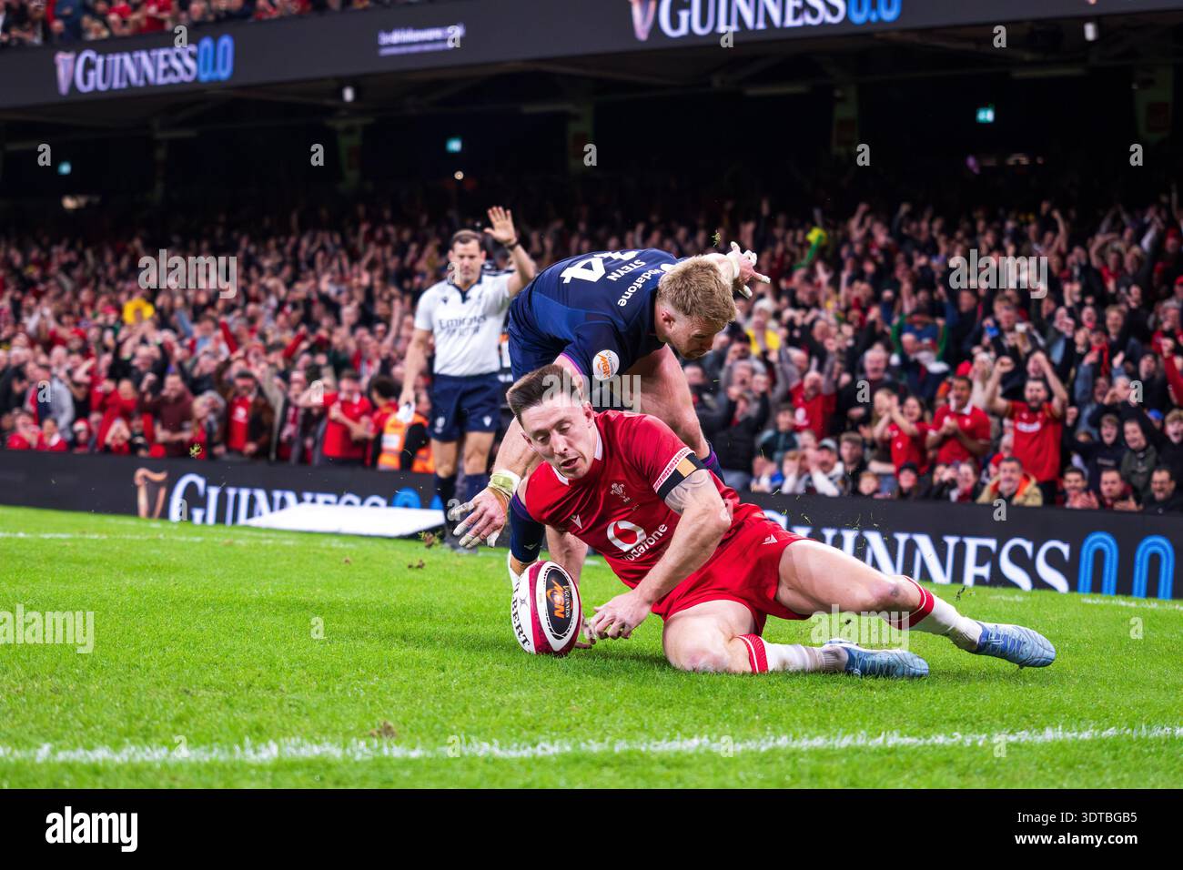 Cardiff, UK, 21st February 2026 Wales winger and try scorer Josh Adams ...
