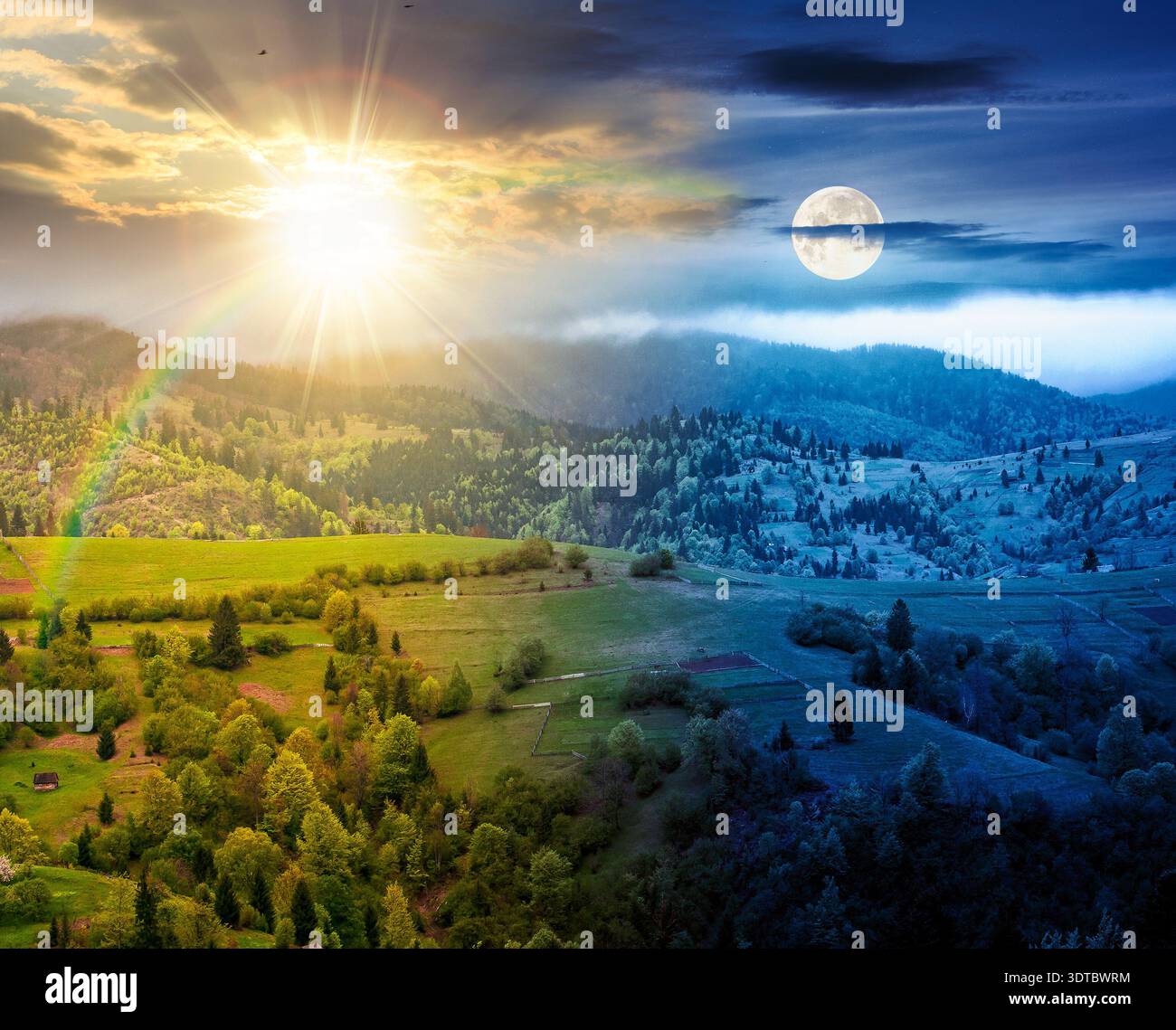 rural mountain landscape during spring. day and night time change concept. wonderful countryside scenery on a cold weather with sun and moon at twilig Stock Photo