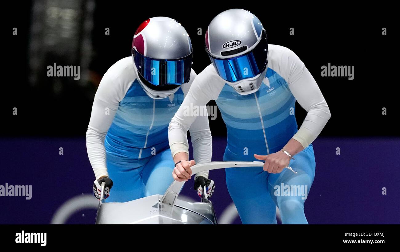 France's Margot Boch and Carla Senechal start for a two women bobsled ...