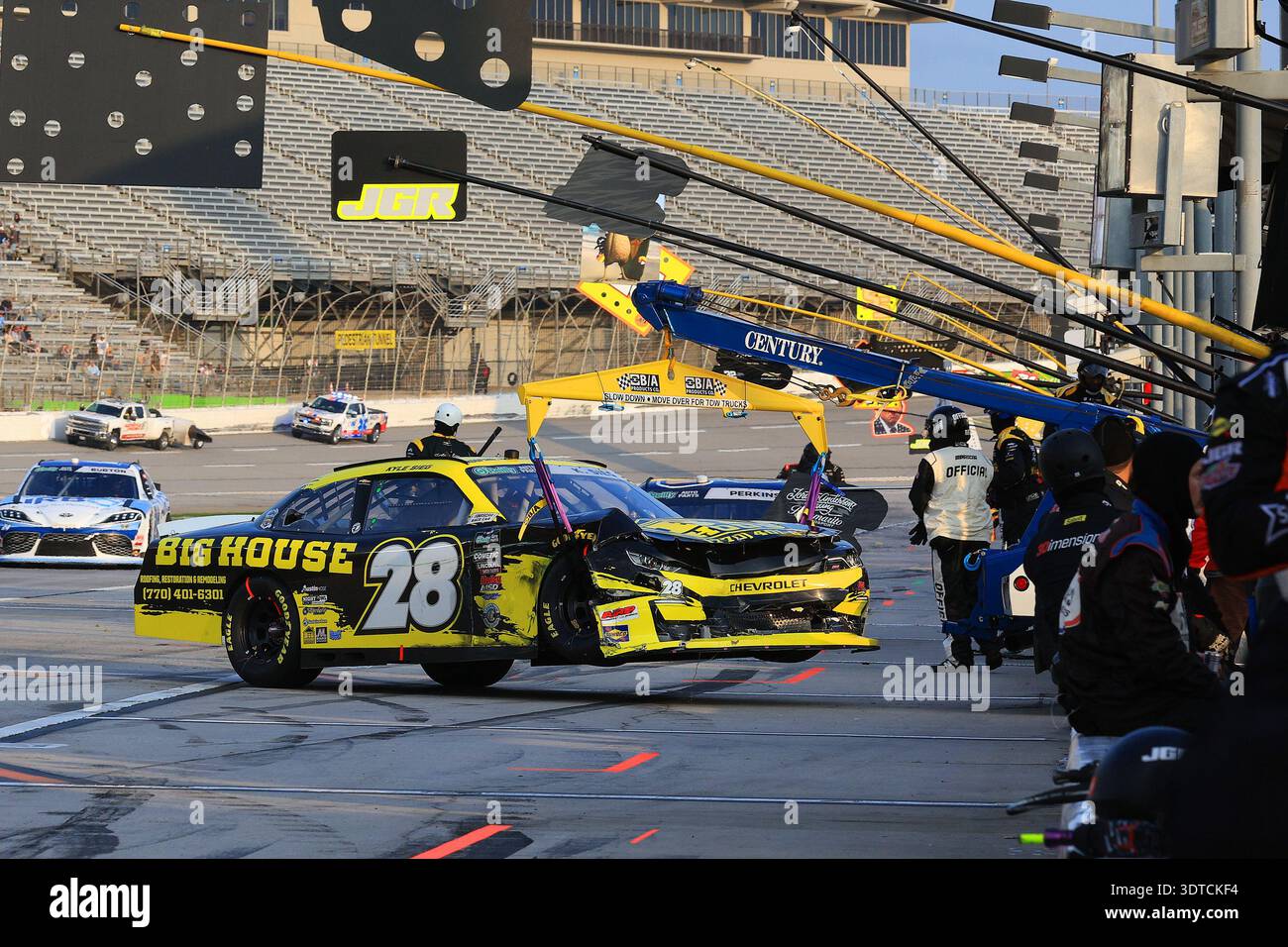 HAMPTON, GA - FEBRUARY 21: The wrecked car of Kyle Sieg (#28 RSS Racing ...
