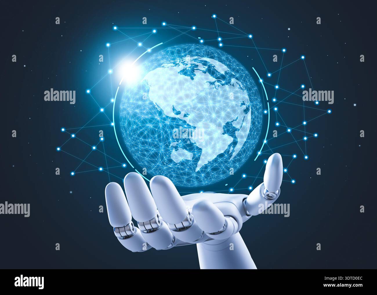Robot hand holding virtual globe on dark background. Artificial intelligence in global development Stock Photo