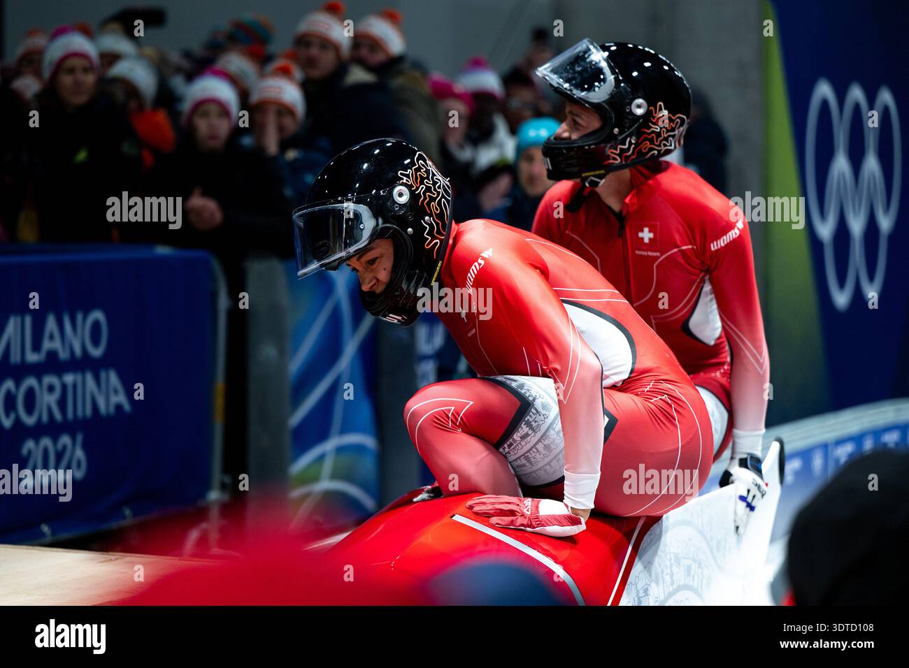 HASLER Melanie PASTERNACK Nadja Switzerland Celebrate At The Finish Hasler Melanie Pasternack Nadja Switzerland Celebrate At The Finish Line Ita Olympic Games Milano Cortina 2026 Olympics Two Man Bobsleigh Women Final 21022026 Photo Eibner Memmler 3DTD108 