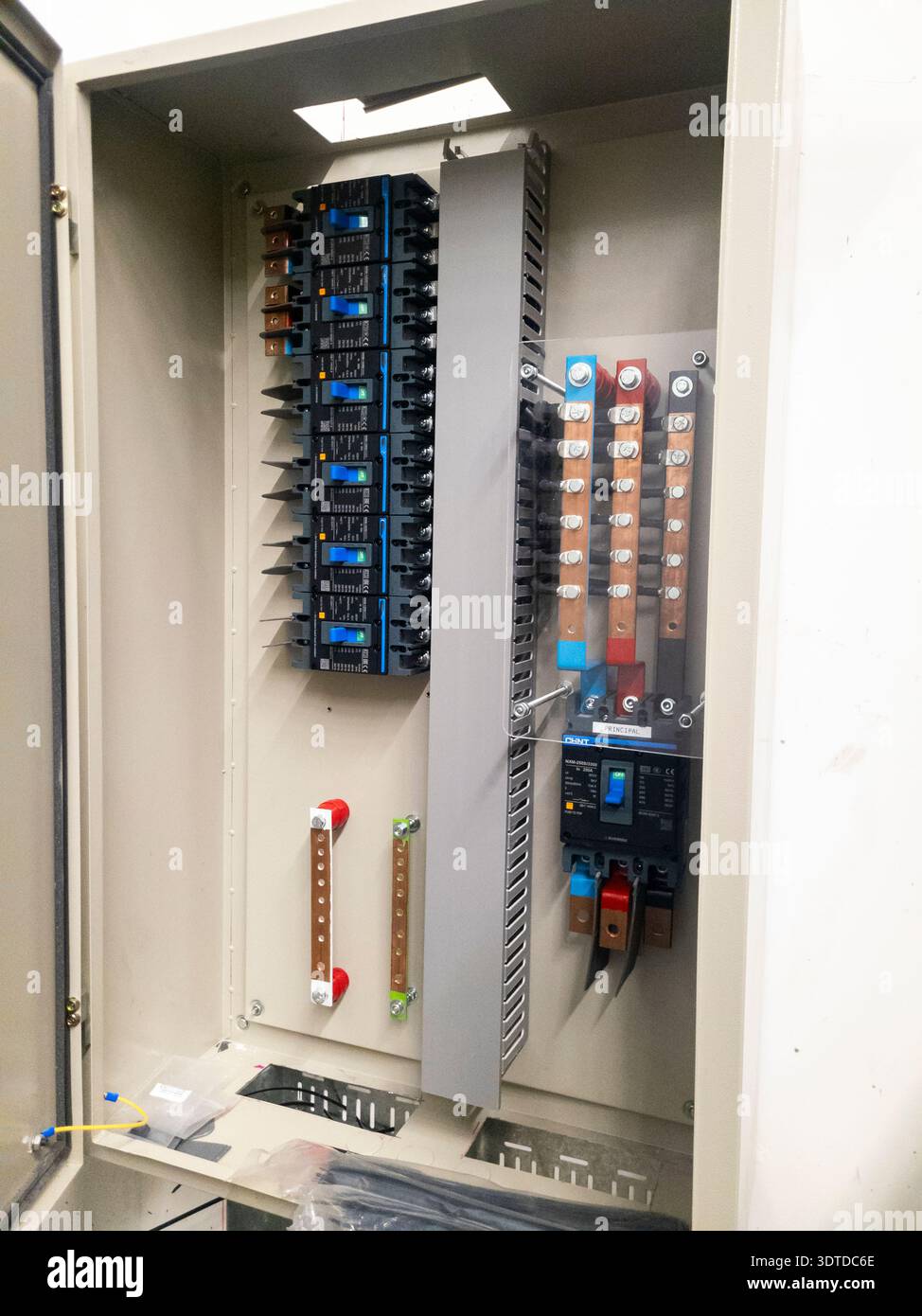 Industrial electrical control panel with wiring and circuit breakers ...