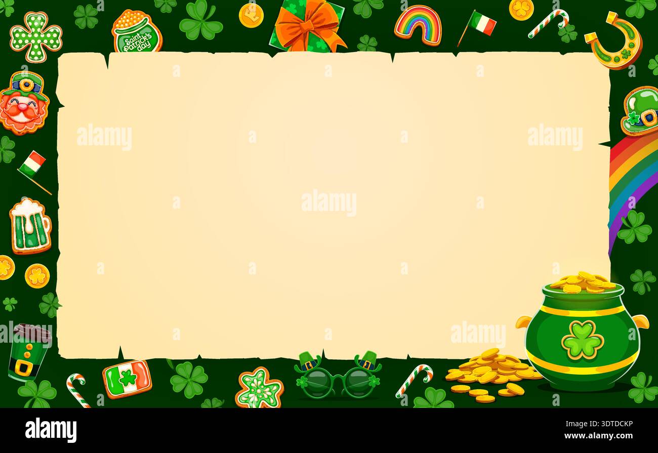 Paper scroll with happy St Patrick's day icons Stock Vector
