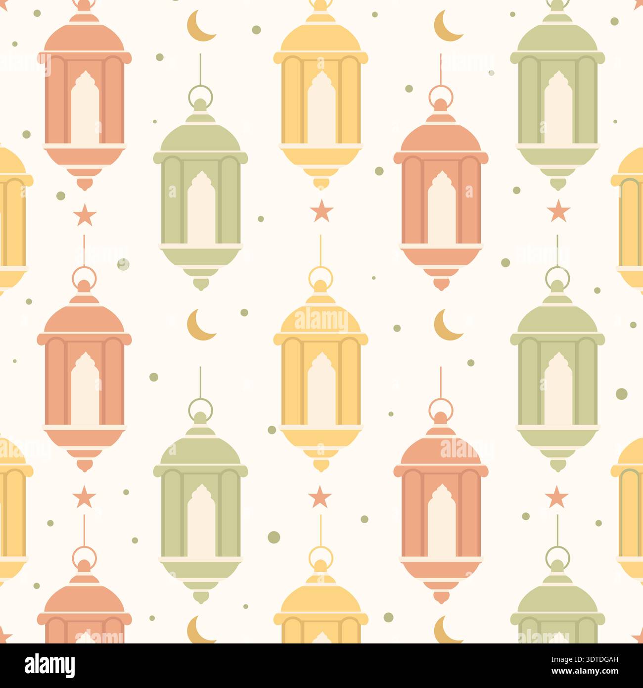 Seamless Ramadan lantern pattern with crescent moons in muted pastel colors Stock Vector