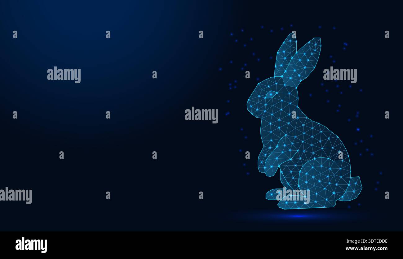 Low poly wireframe bunny on dark blue background. Stock Vector