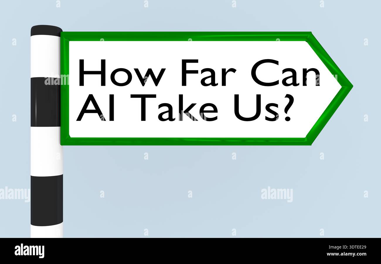 3D illustration of "How Far Can AI Take Us?" script on a road sign. Stock Photo