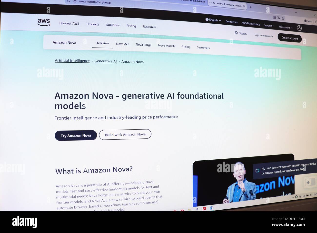 Amazon Nova generative AI foundational models webpage on digital screen for artificial intelligence service advertising. Stock Photo