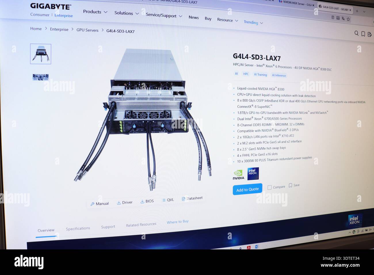 Computer monitor showing information about a GPU server for high performance computing. Artificial intelligence technology and data center concept. Stock Photo