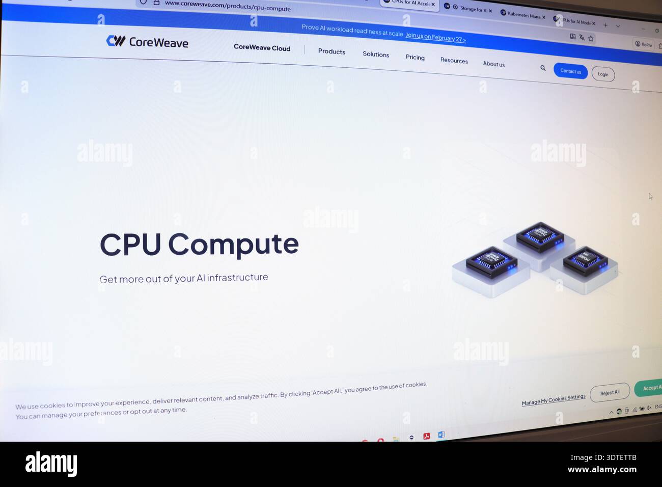 Computer screen displaying a web page about CPU compute for AI infrastructure. Digital technology and cloud computing concept. Stock Photo