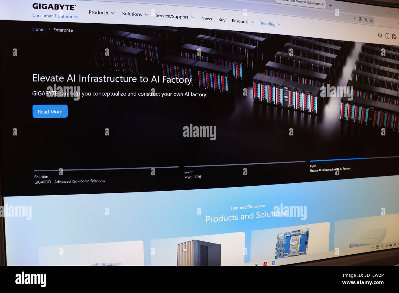 Computer screen displaying a website about artificial intelligence infrastructure. Web page with information on Al factory development. Digital techno Stock Photo