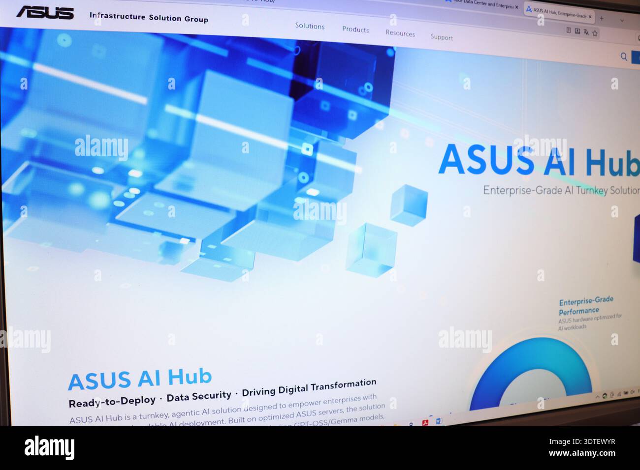 Computer screen displaying an artificial intelligence solution. AI Hub concept for data security and digital transformation. Stock Photo
