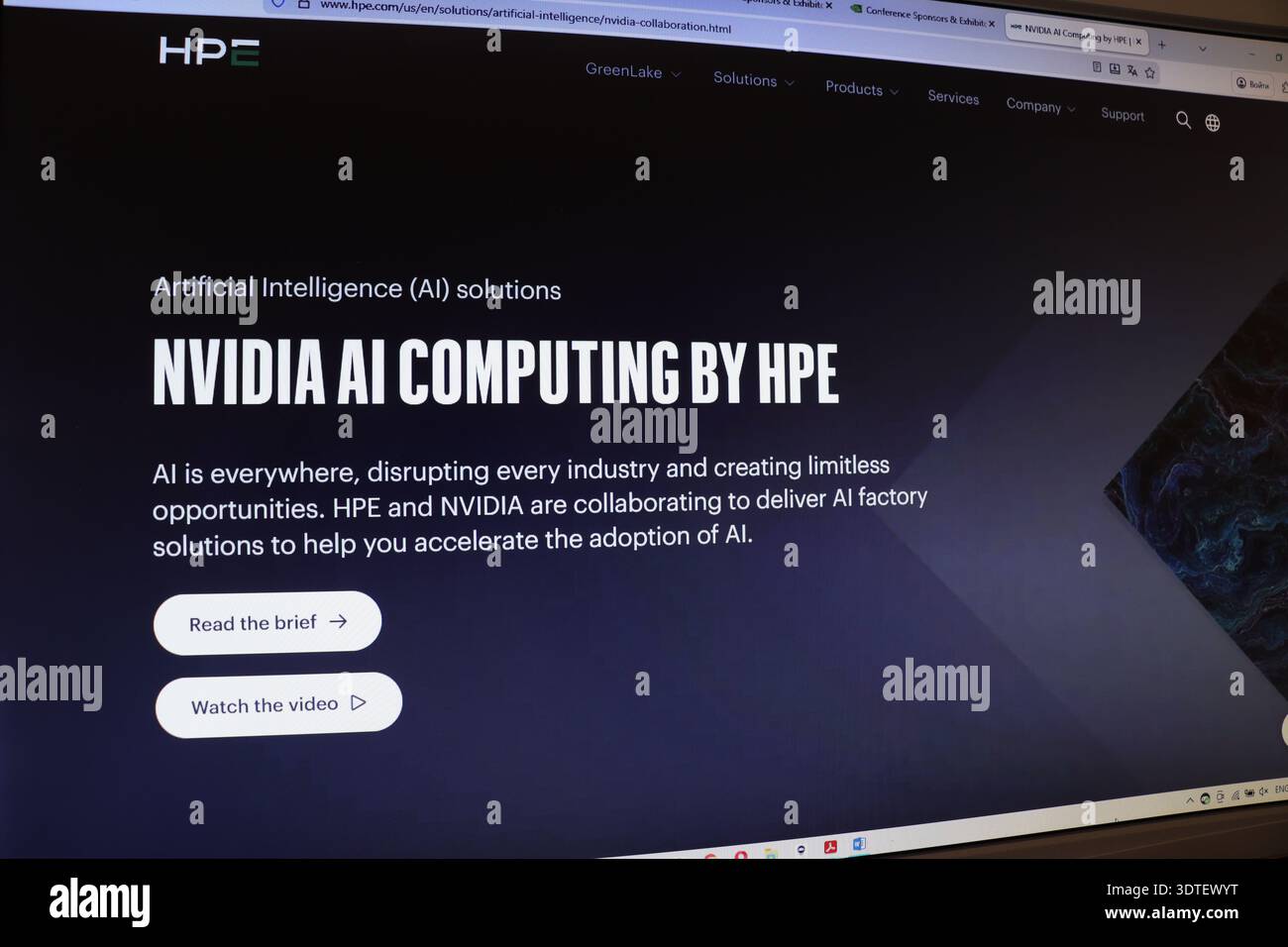 Computer screen displaying an editorial webpage about AI solutions by companies. Modern technology for artificial intelligence computing. Stock Photo