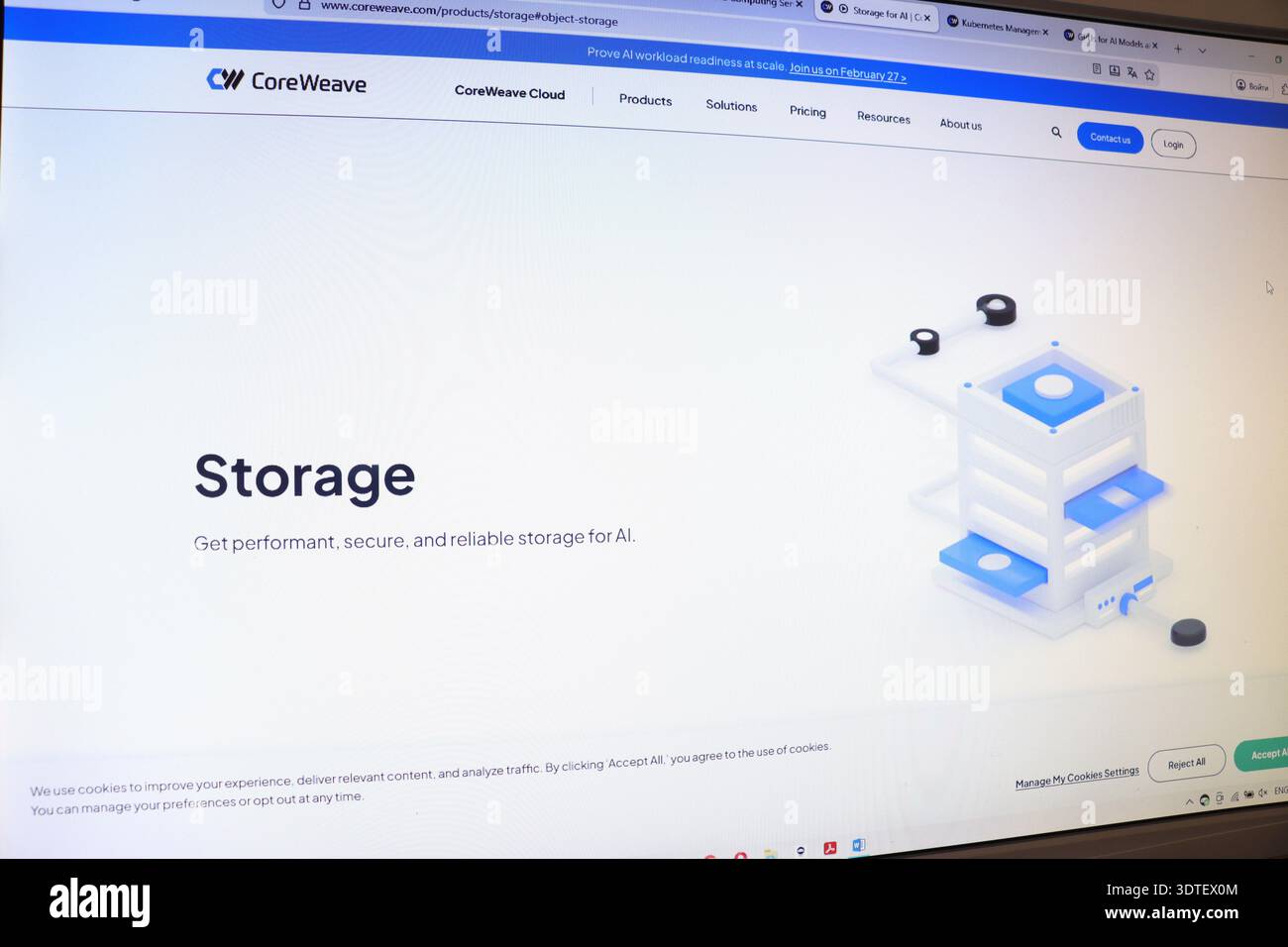 Computer screen displaying data storage website. Concept of cloud computing and secure data management. Digital server architecture. Stock Photo