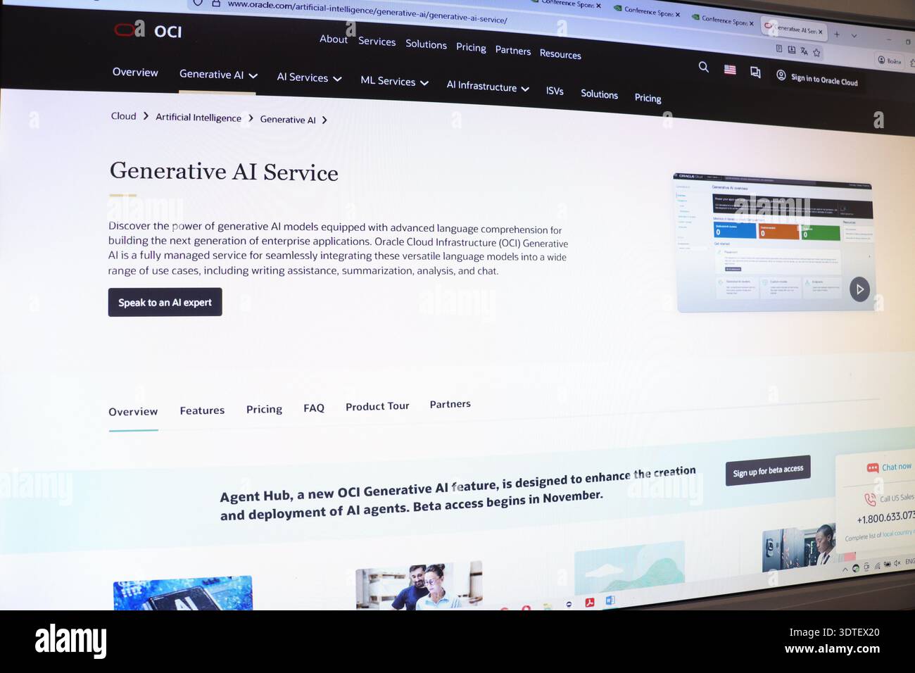 Computer screen displaying generative AI service webpage for artificial intelligence solution in enterprise application. Stock Photo