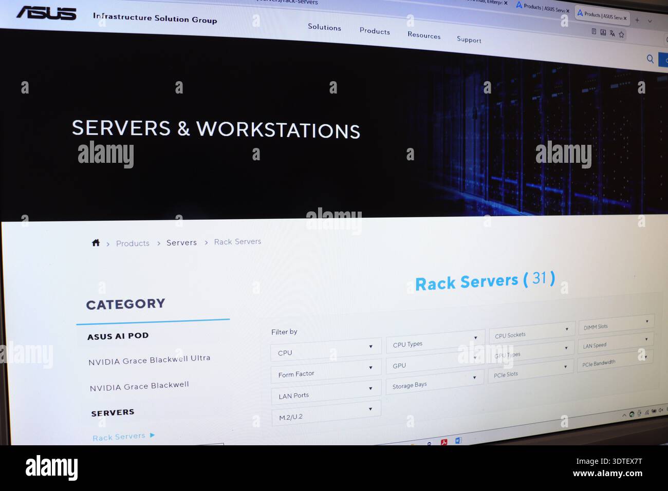 Computer screen displaying webpage with servers and workstations category for infrastructure solution. Digital technology product catalog. Stock Photo