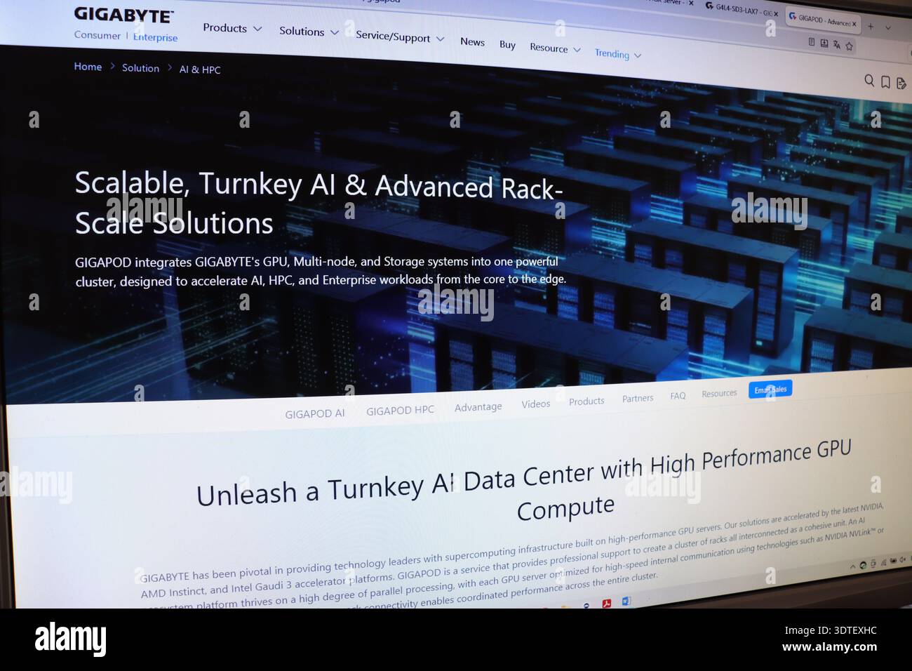 Website displaying AI and HPC solutions. Digital technology for scalable advanced rack-scale systems. Editorial for tech industry. Stock Photo