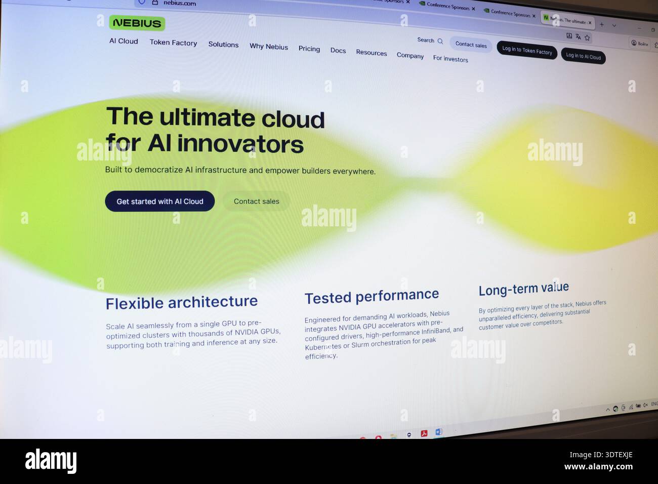 Website displaying AI cloud services. Digital interface showcasing artificial intelligence solutions for innovators. Modern technology concept. Stock Photo