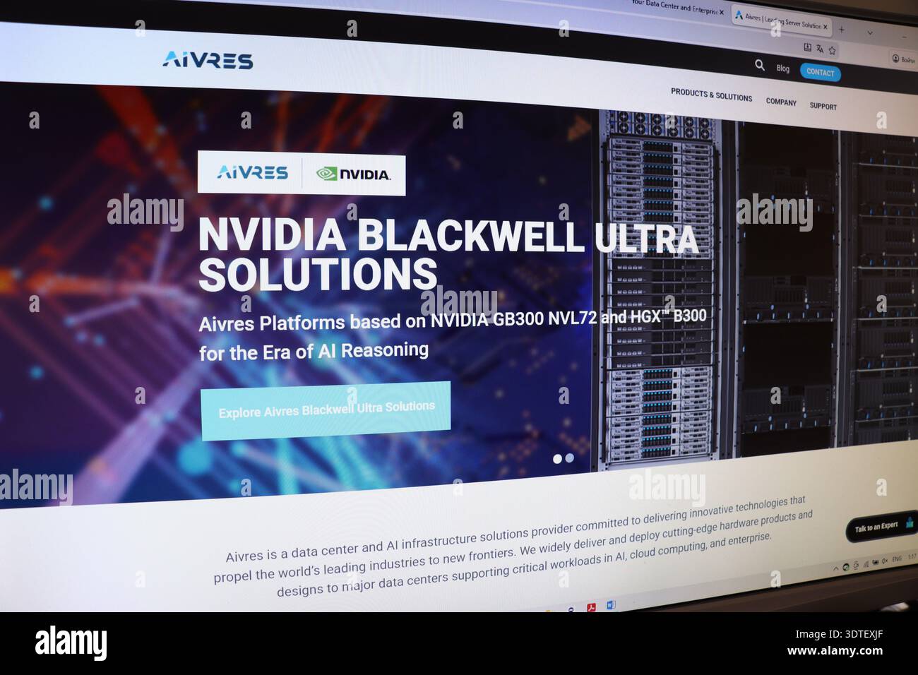 Website displaying AI solutions for data centers. Technology platform offering artificial intelligence infrastructure. Digital display of computing co Stock Photo