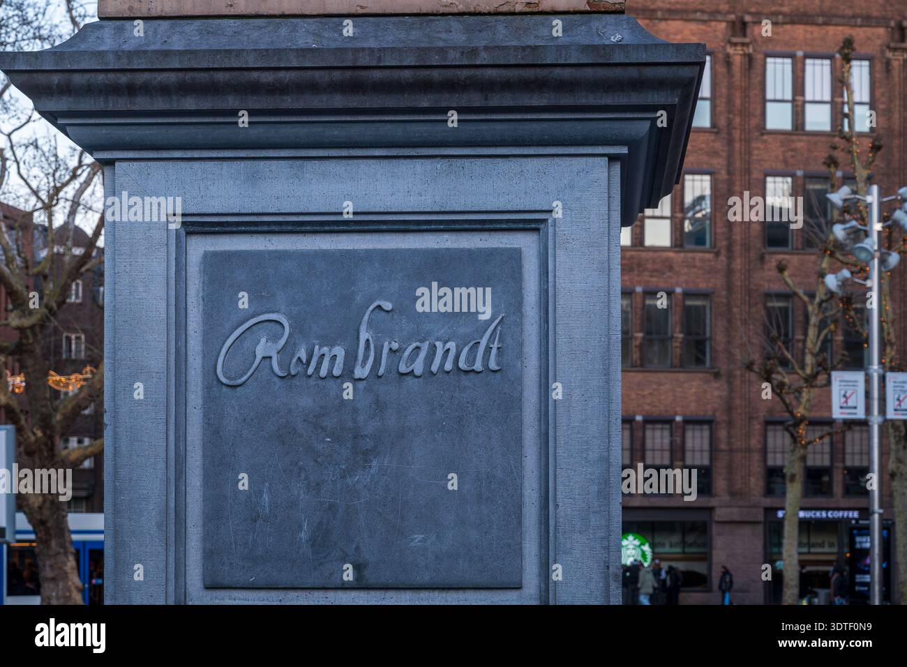 The name "REMBRANDT" engraved on the grey granite pedestal of his 1852 ...