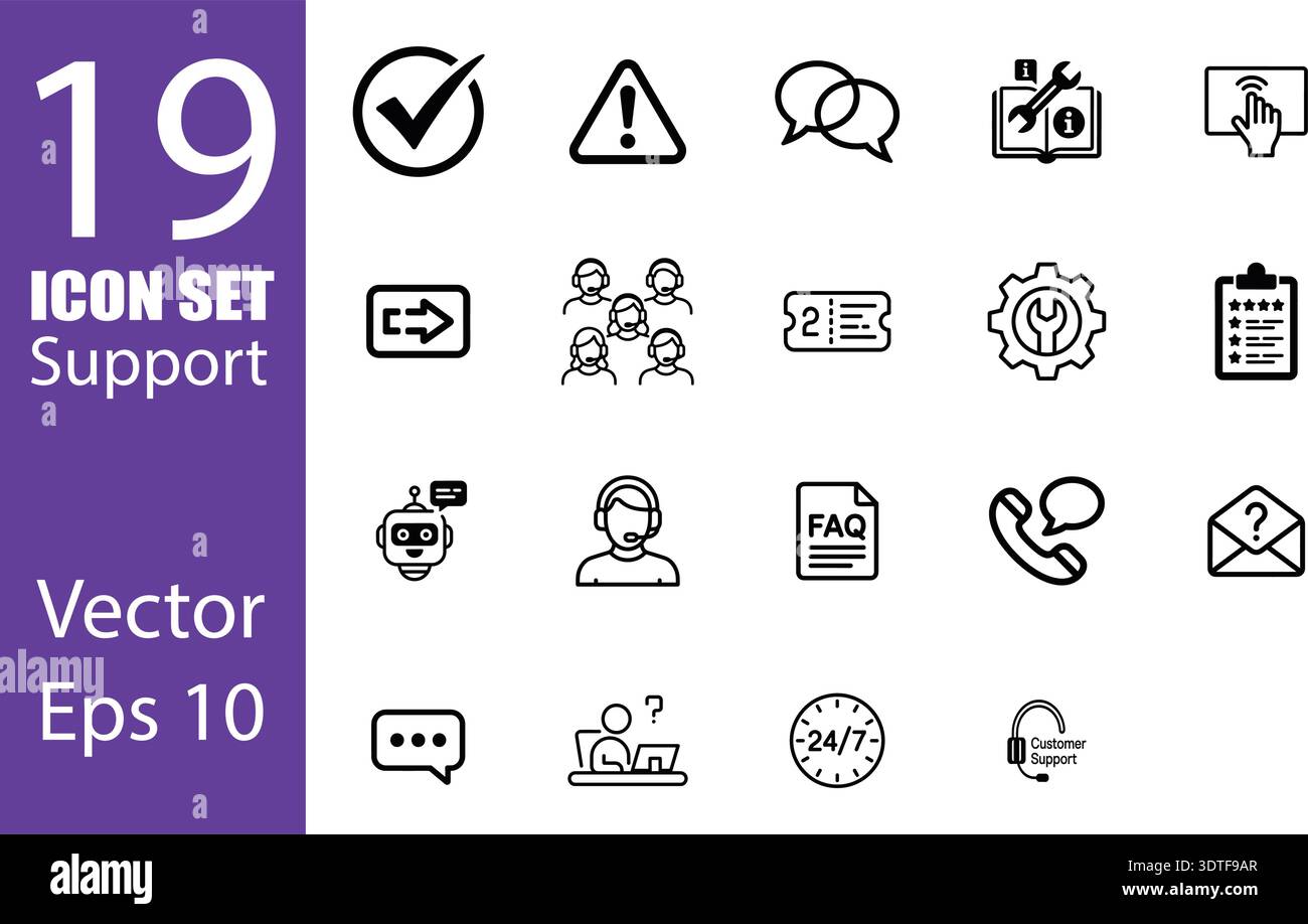 This vector icon set offers essential graphics for customer support, communication, and problemsolving. Includes elements for help desks, FAQs Stock Vector
