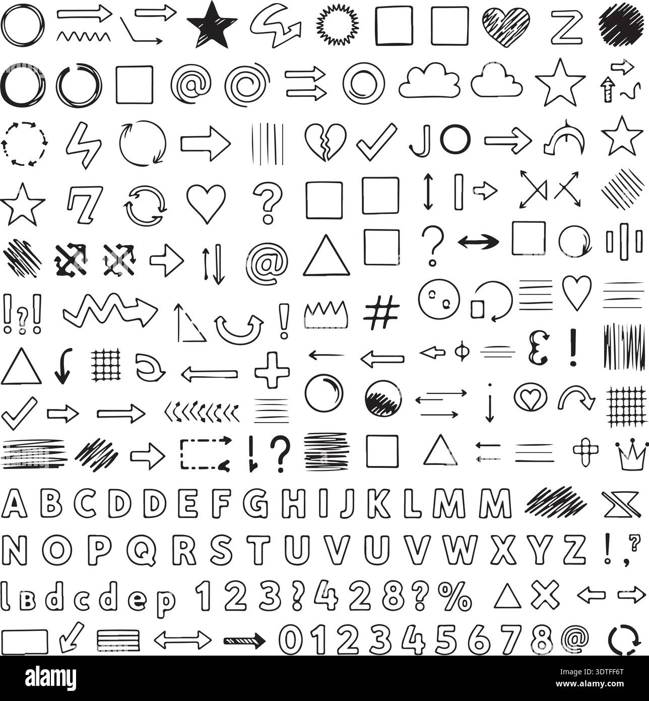 A collection of various black and white symbols including letters ...