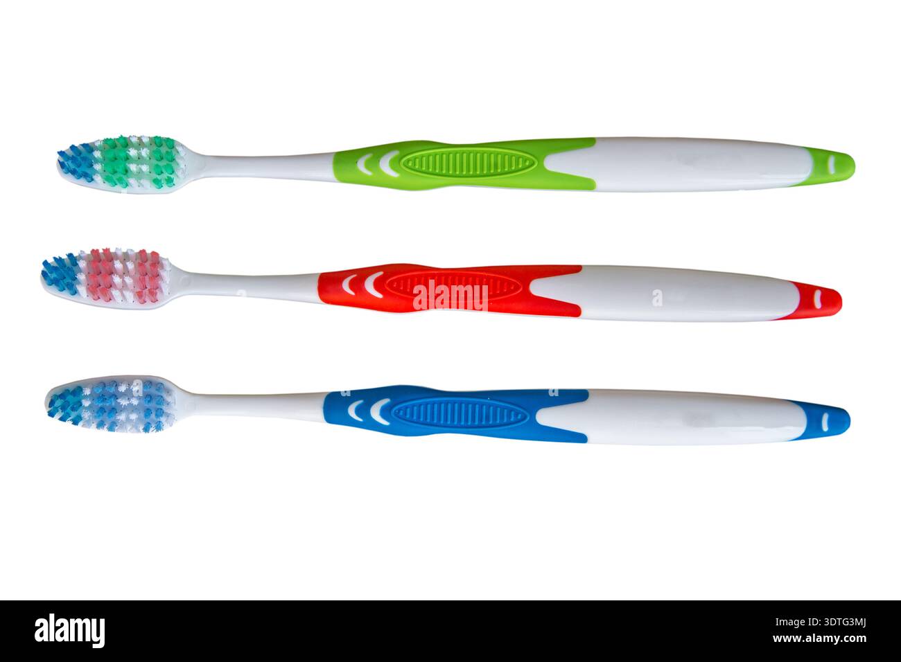 three toothbrushes on a white background Stock Photo