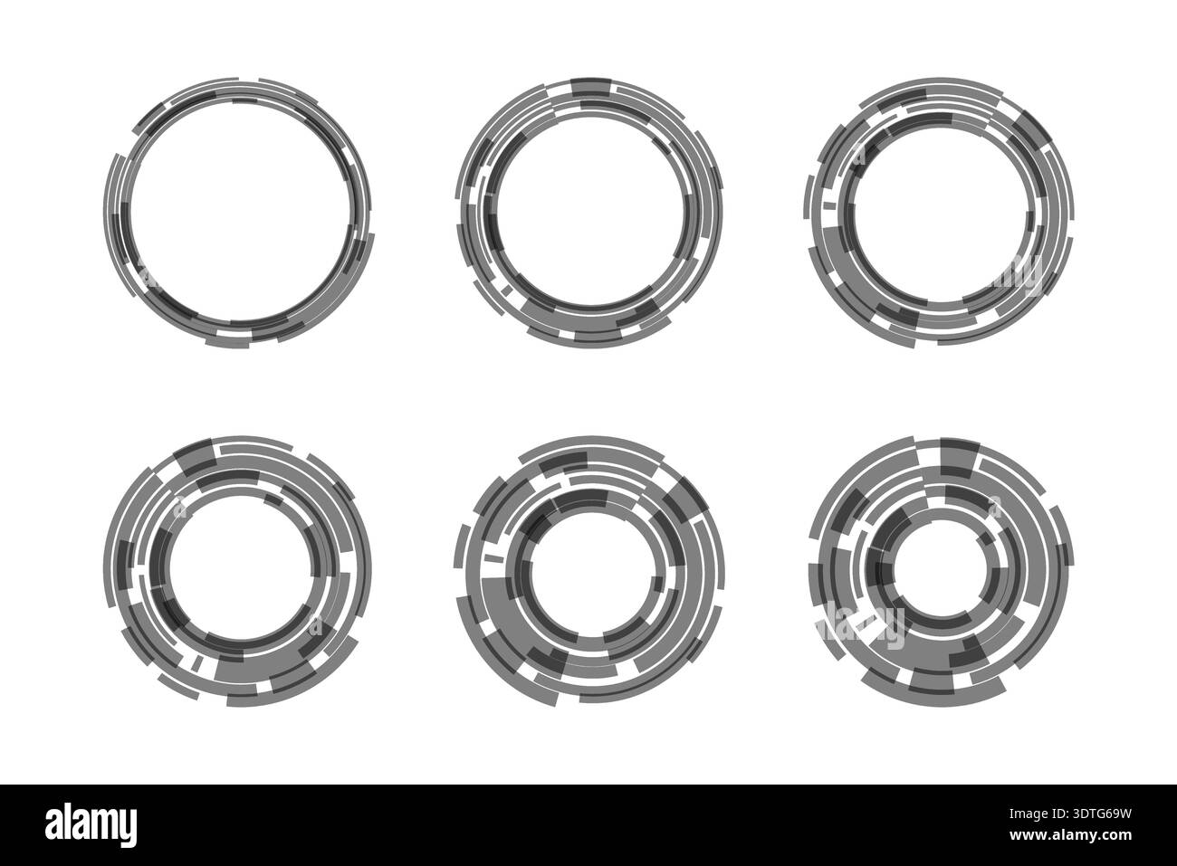 Abstract black tech circles set. Futuristic HUD interface ring elements collection. Modern digital frames for UI design, dashboards, infographics. Stock Vector