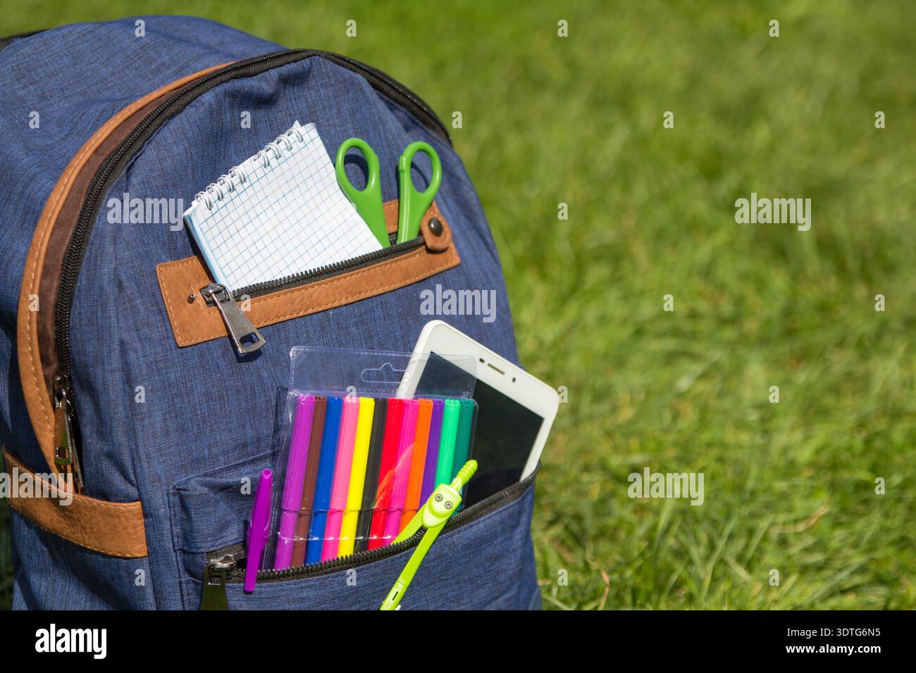 Full School backpack on green grass and nature background Stock Photo