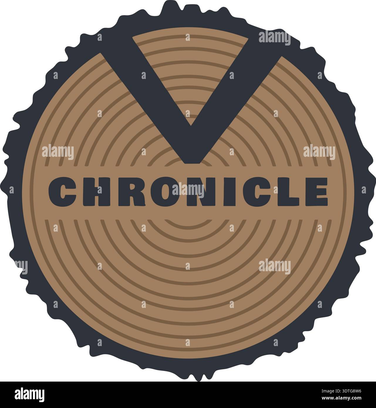 Circular wood ring emblem with chronicle text and concentric tree rings Stock Vector