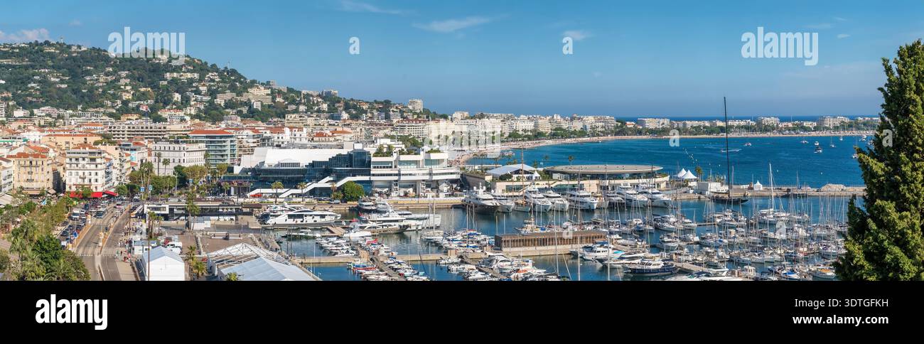 Panoramic View of Cannes Port with Luxury Yachts and Palais des Festivals Stock Photo