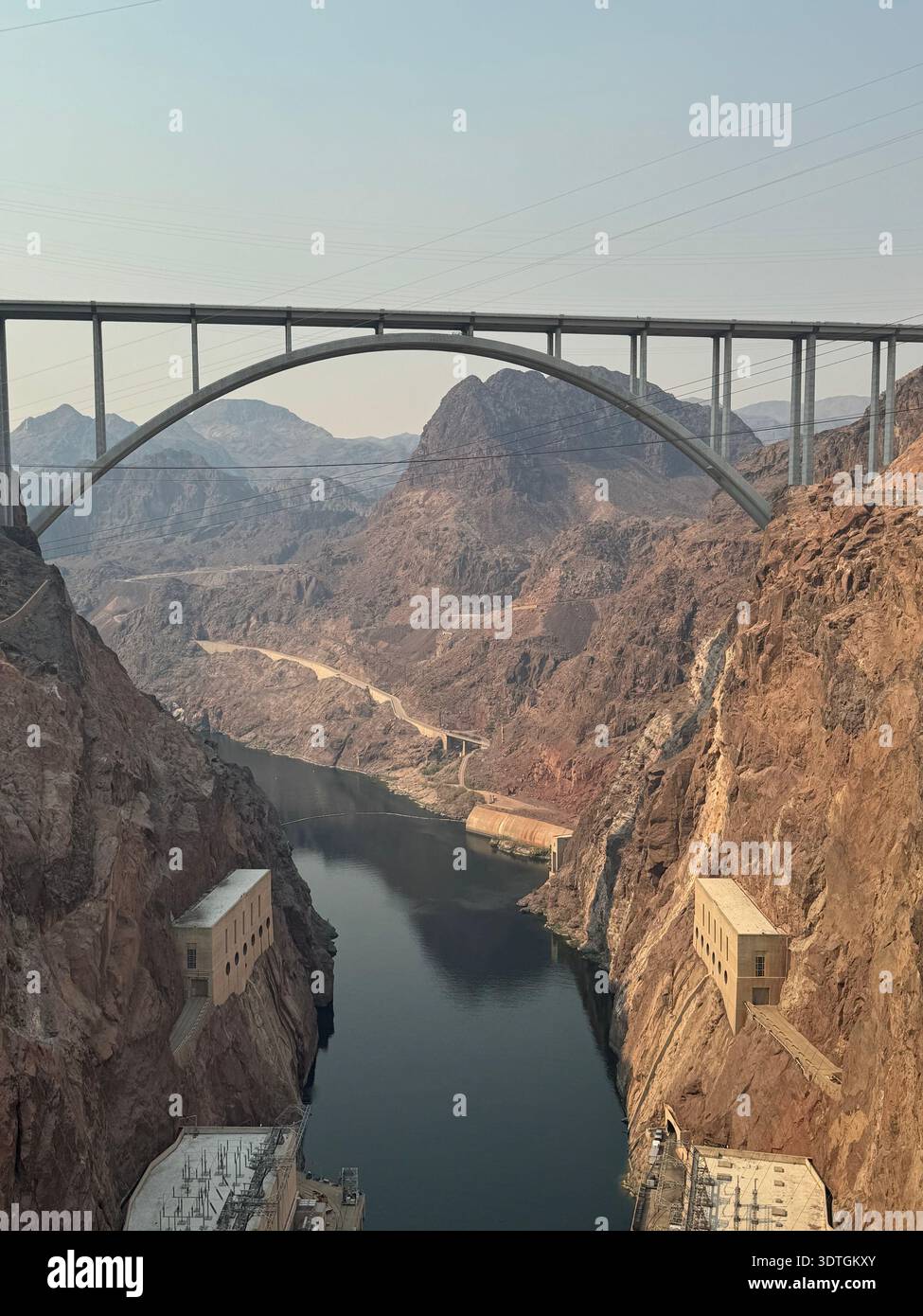 Mike O'Callaghan–Pat Tillman Memorial Bridge spanning the Colorado River at Hoover Dam, dramatic canyon landscape between Nevada and Arizona, USA. - Smartphone Captured Stock Image