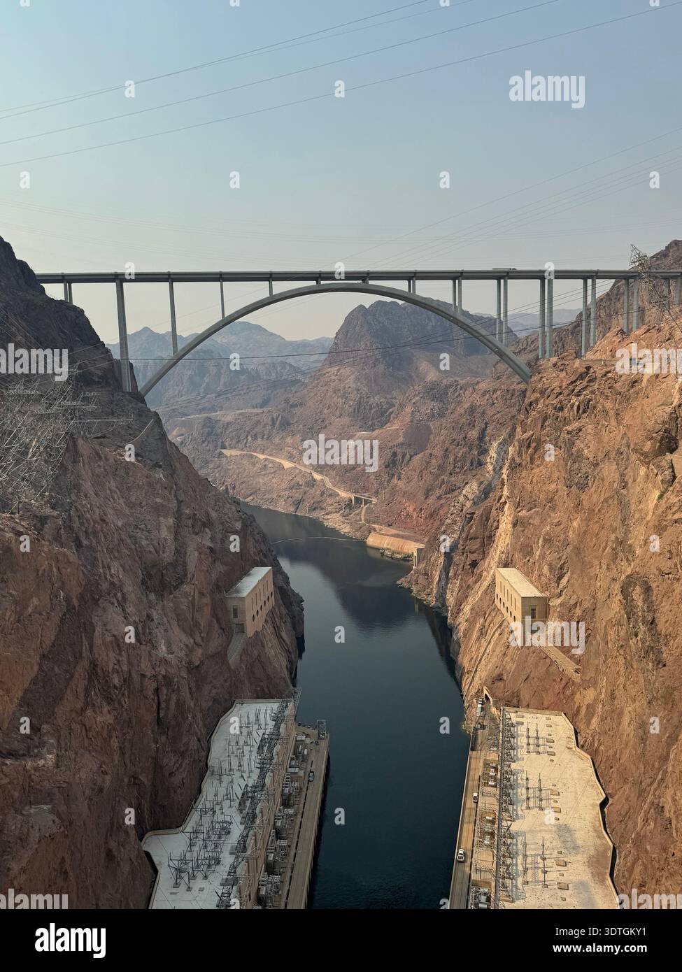 Mike O'Callaghan–Pat Tillman Memorial Bridge spanning the Colorado River at Hoover Dam, dramatic canyon landscape between Nevada and Arizona, USA. - Smartphone Captured Stock Image