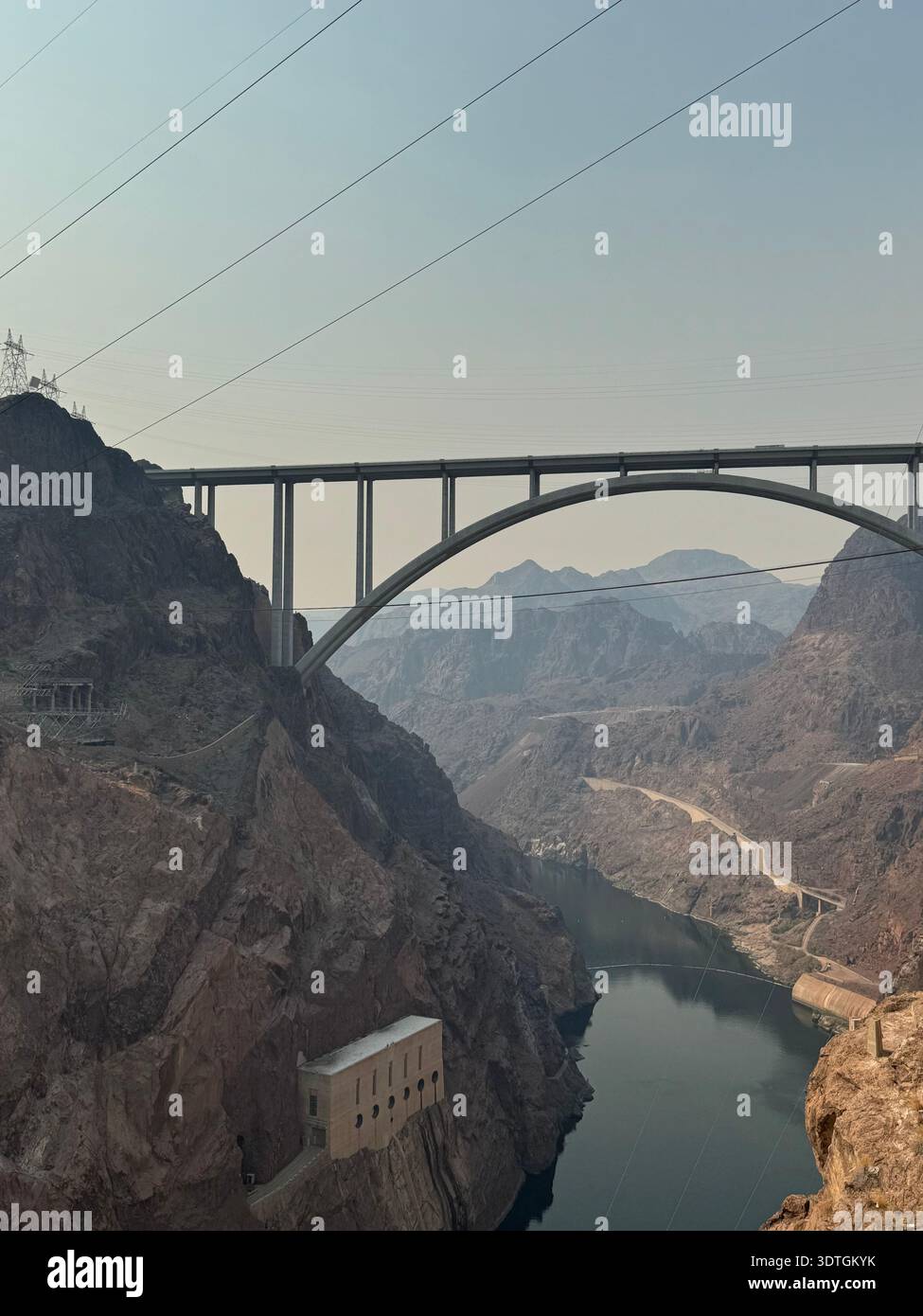 Mike O'Callaghan–Pat Tillman Memorial Bridge spanning the Colorado River at Hoover Dam, dramatic canyon landscape between Nevada and Arizona, USA. - Smartphone Captured Stock Image