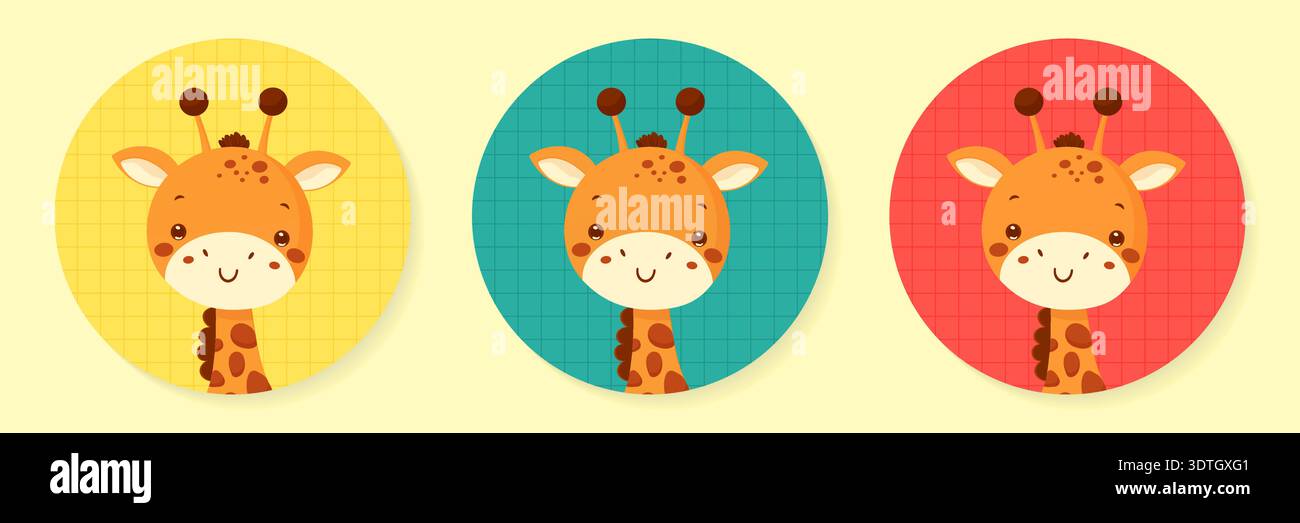 Cute giraffe head sticker set in round frames with grid patterns vector illustration. Stock Vector