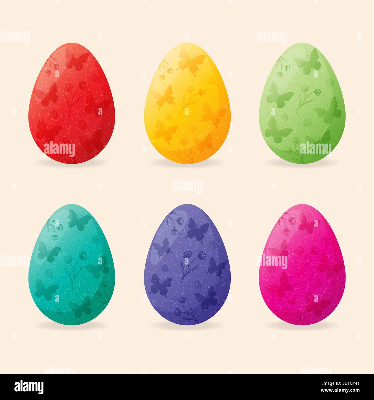 Colorful Easter eggs set with butterfly and flower patterns vector illustration. Stock Vector