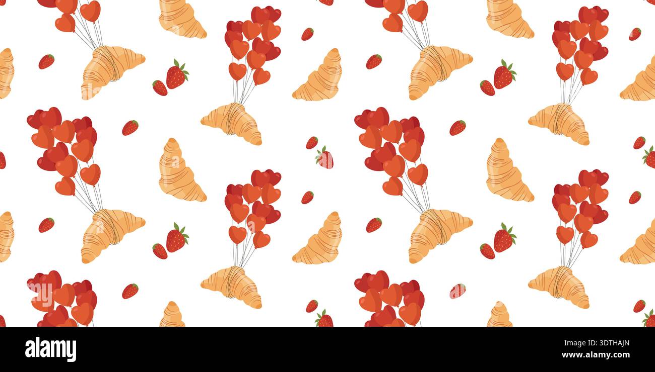 Romantic seamless pattern with croissants, strawberries and hearts vector Stock Vector