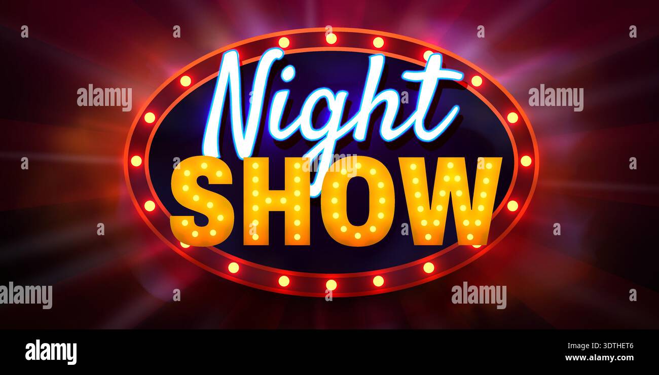 Retro Night Show sign with glowing marquee lights and neon text. This ...