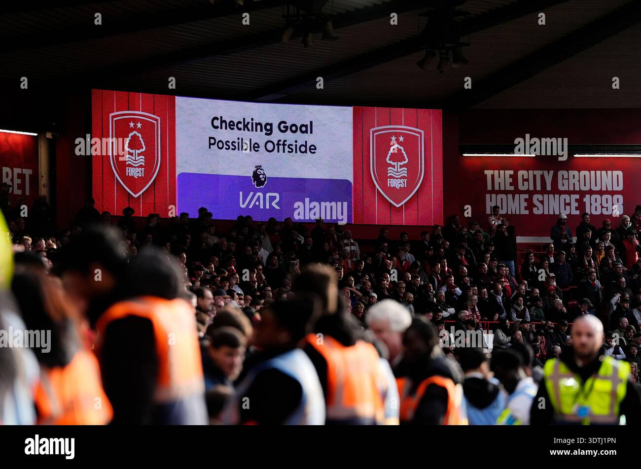 The big screen informing supporters of a VAR check for offside before ...