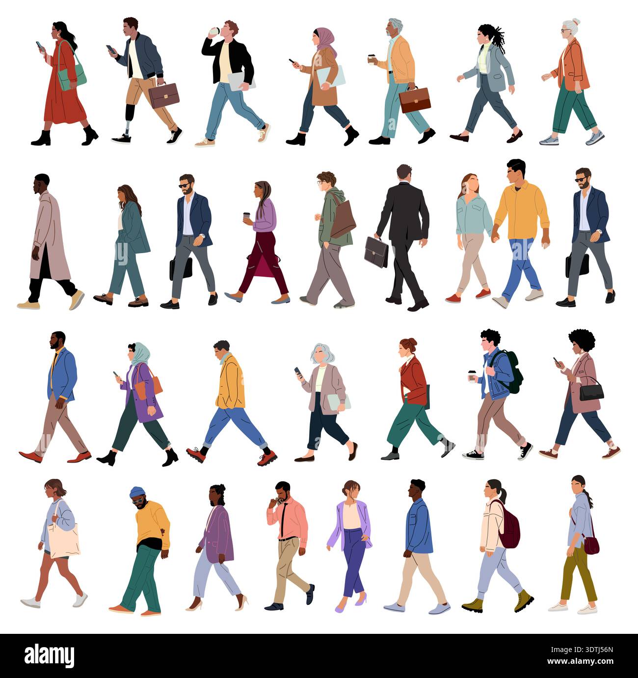 Bundle of diverse individuals walking in profile Stock Vector