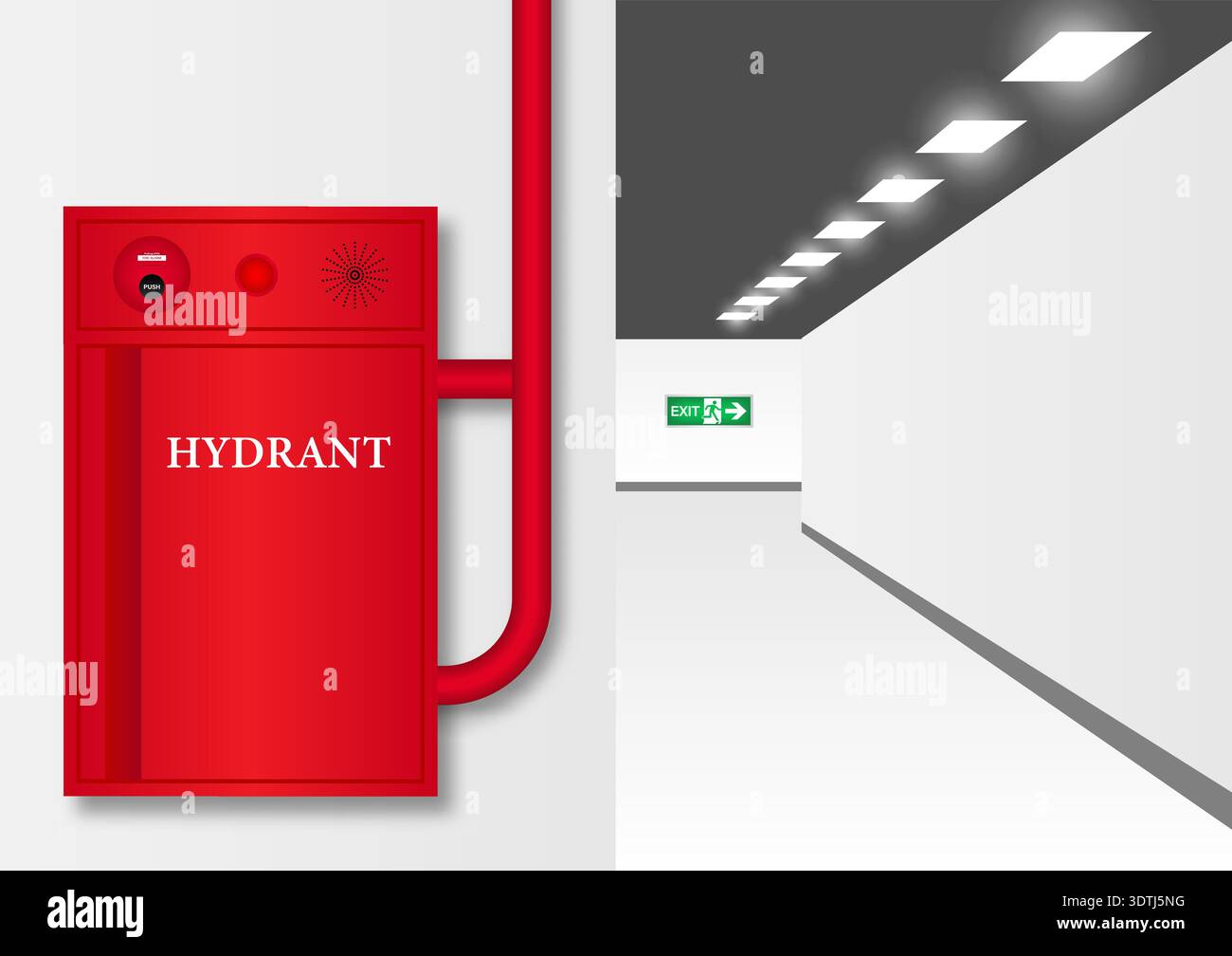 Fire Hydrant Box on Wall in the Building. Red Fire Hydrant. Vector Illustration. Stock Vector