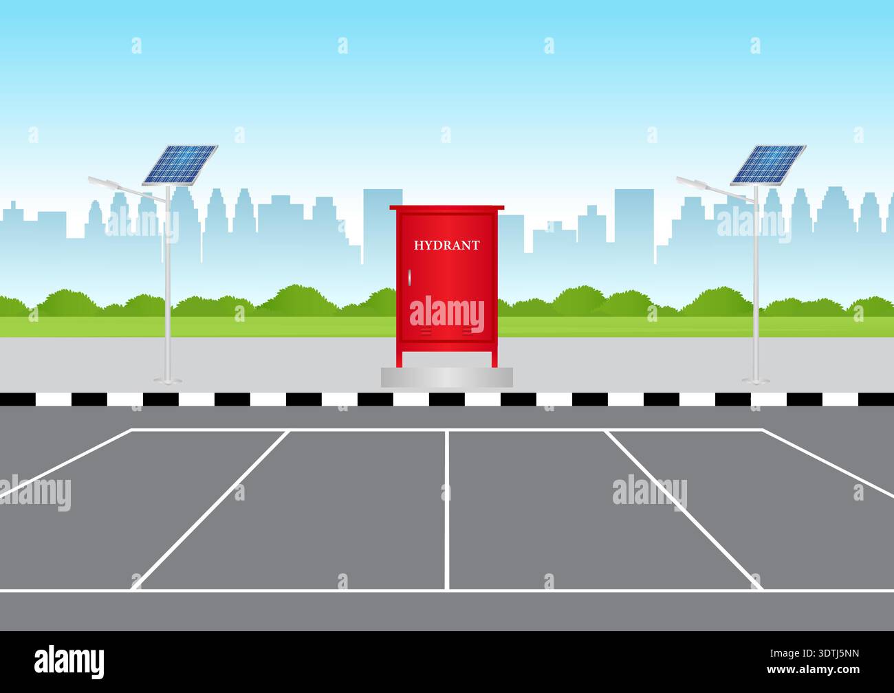 Fire Hydrant Box in Parking Lot. Red Fire Hydrant. Vector Illustration. Stock Vector