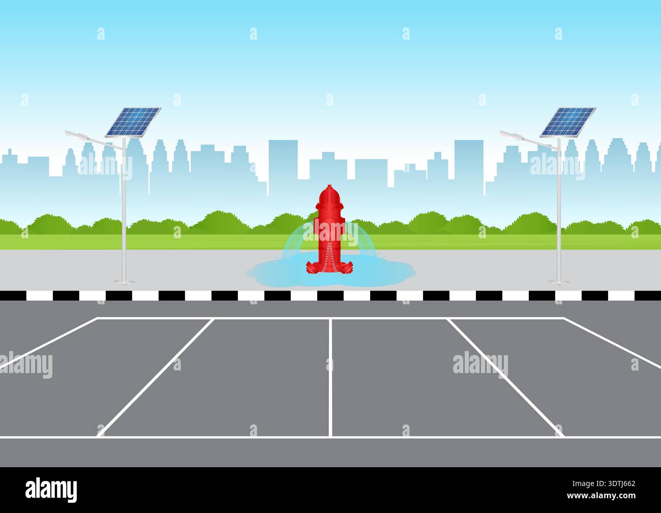 Red Fire Hydrant in Parking Lot. Vector Illustration. Stock Vector