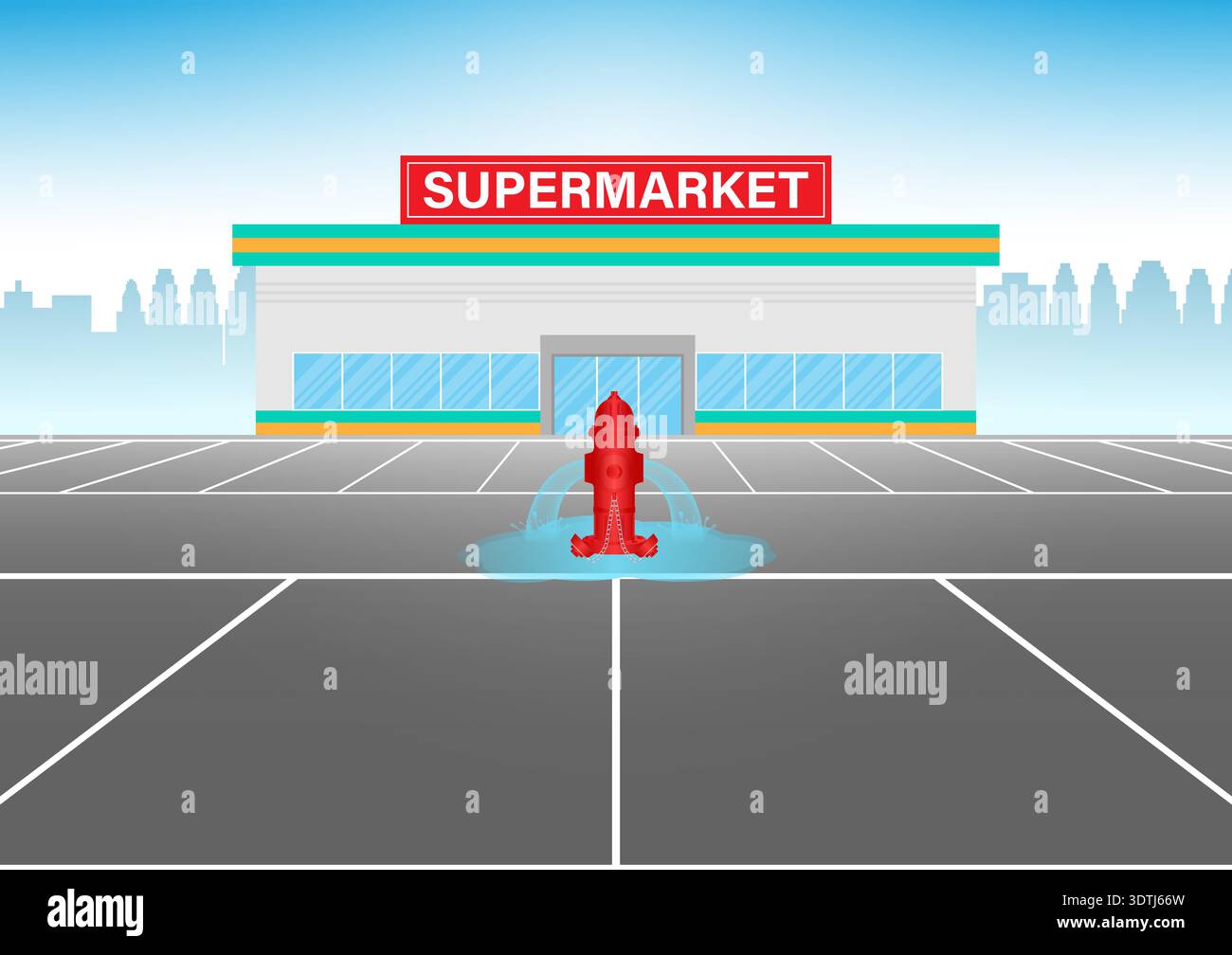 Red Fire Hydrant in Parking Lot. Vector Illustration. Stock Vector