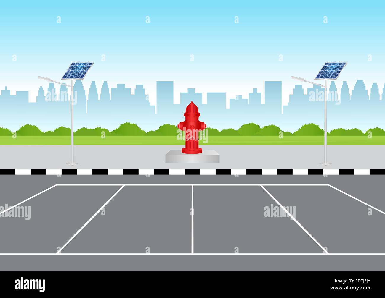 Red Fire Hydrant in Parking Lot. Vector Illustration. Stock Vector