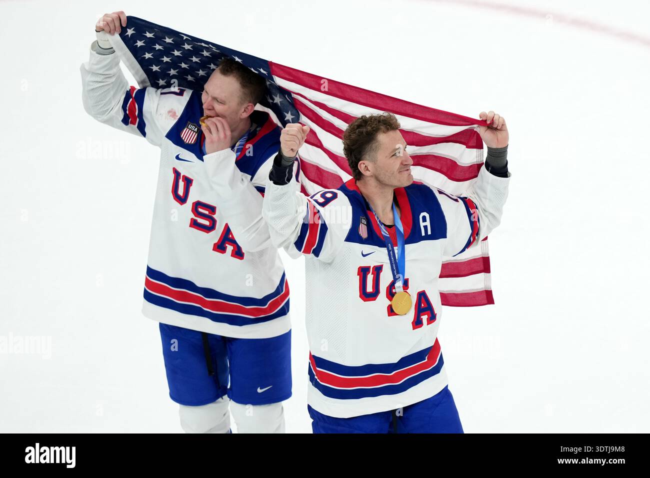 United States' Brady Tkachuk (7) and Matthew Tkachuk (19) celebrate ...